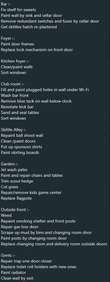 Club Maintenance Day - Job List